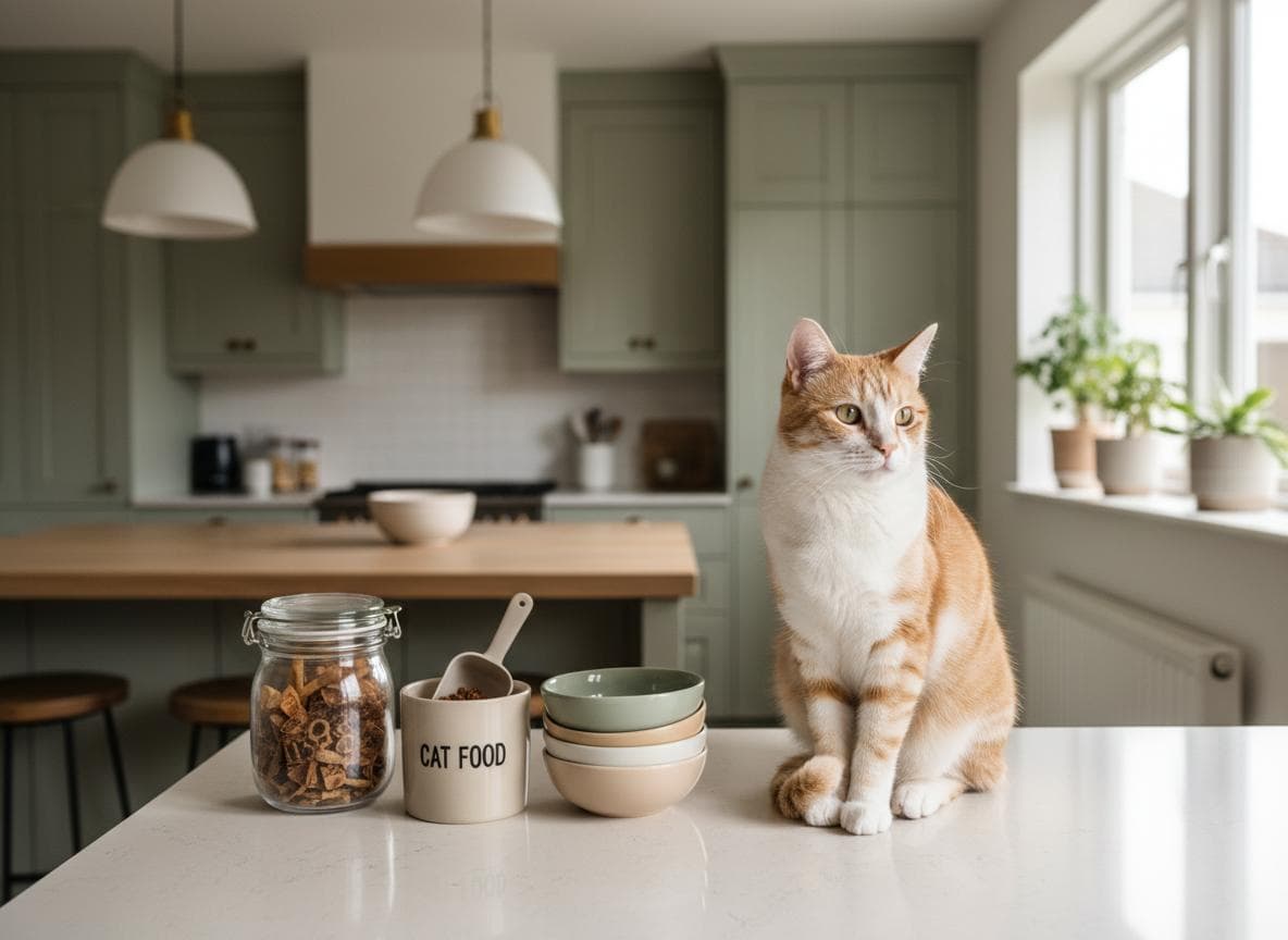 Tabby cat on kitchen counter