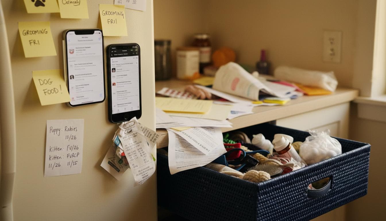 Chaotic pet care organization - sticky notes and scattered papers