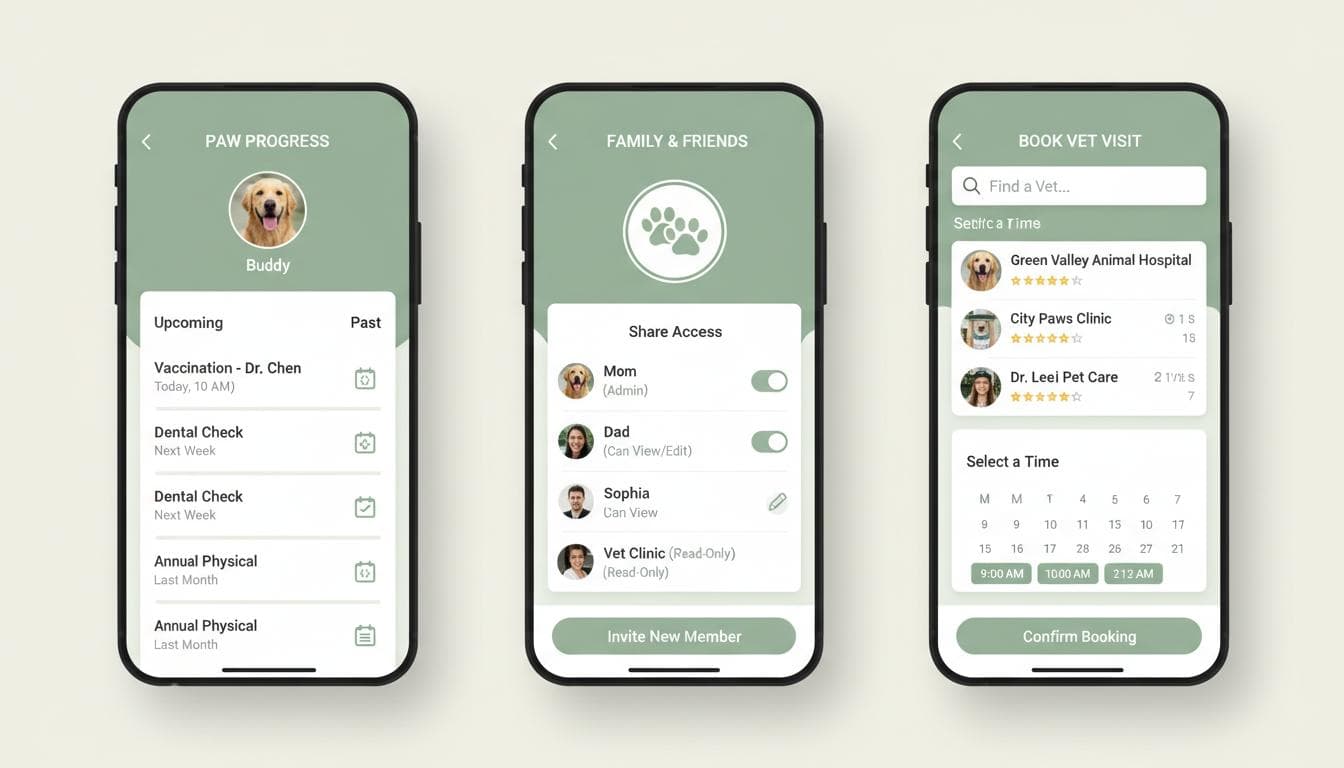 Animates app interface showing timeline, shared access, and booking features